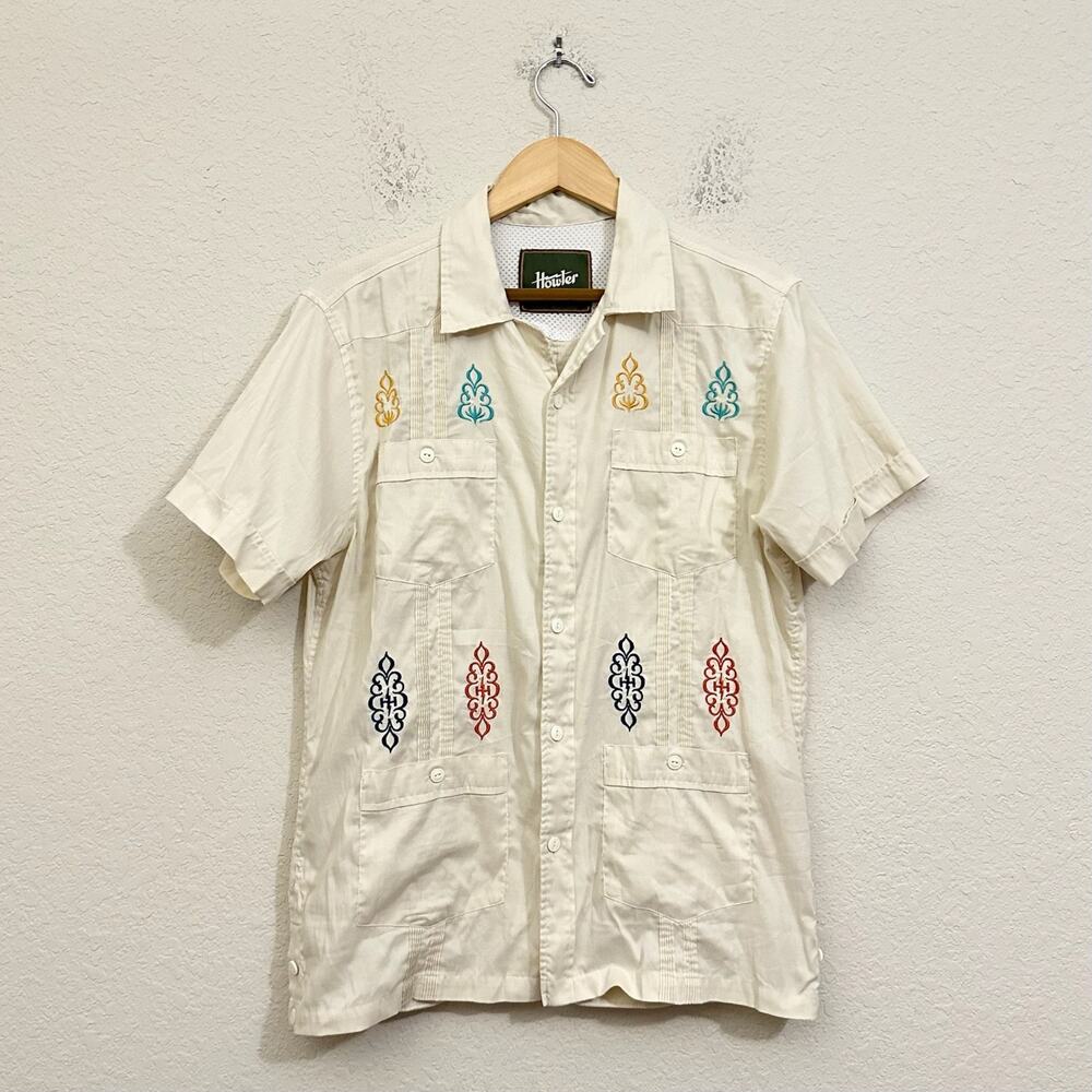 HOWLER BROTHERS Guayabera Shirt Cream Embroidered SS Button Up 4 Pockets